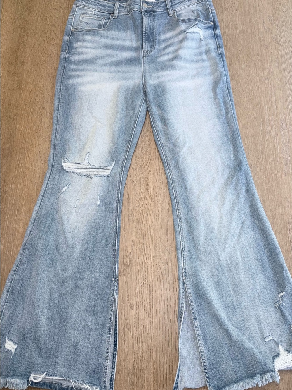 RISEN Light Wash Distressed Flare Jeans Side Slit Raw Hem 1XL NWOT